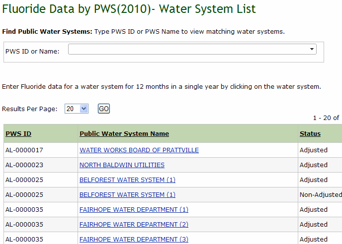 Screenshot of Fluoride Data - Water Systems List