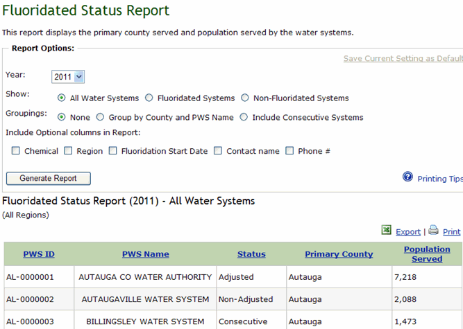 Screenshot of Fluoridated Status Report