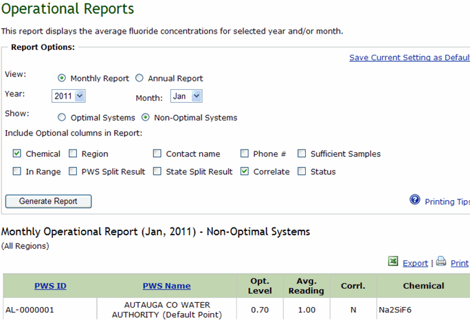 Screenshot of Operation Report (Monthly)