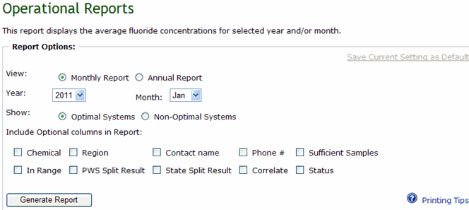 Screenshot of Operational Reports Main