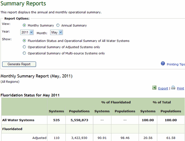 Screenshot of Summary Reports default page