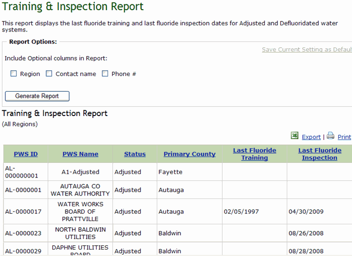 Screenshot of Training and Inspection Report