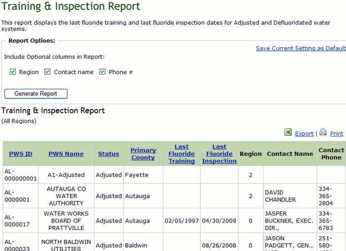 Screenshot of Training and Inspection Report