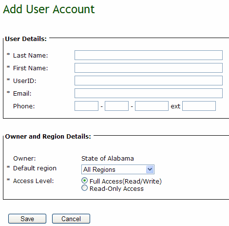 Screenshot of Add User Account page