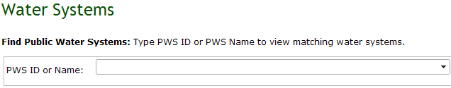 Screenshot of water systems search section