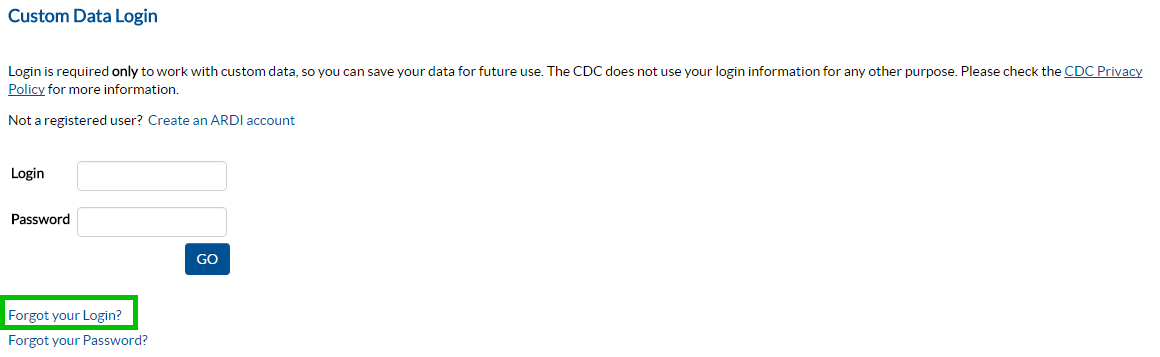 Screenshot of Custom Data Login page.