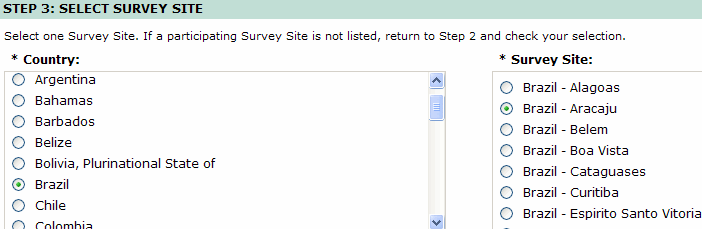 Screenshot of Advanced Search step 2 with one survey site selected (Year-by-Year)