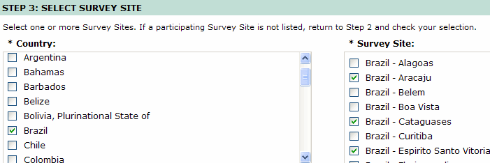 Screenshot of Advanced Search step 2 with multiple survey sites selected