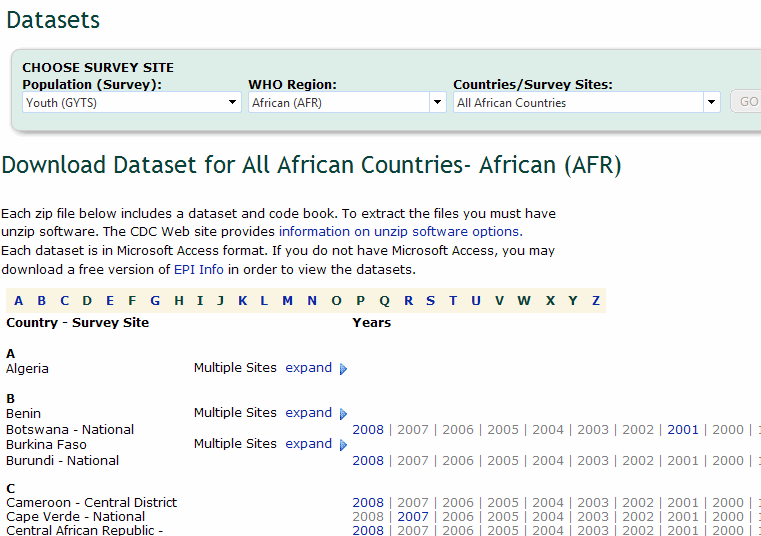 Screenshot of datasets