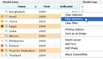 Screenshot of filter selection menu