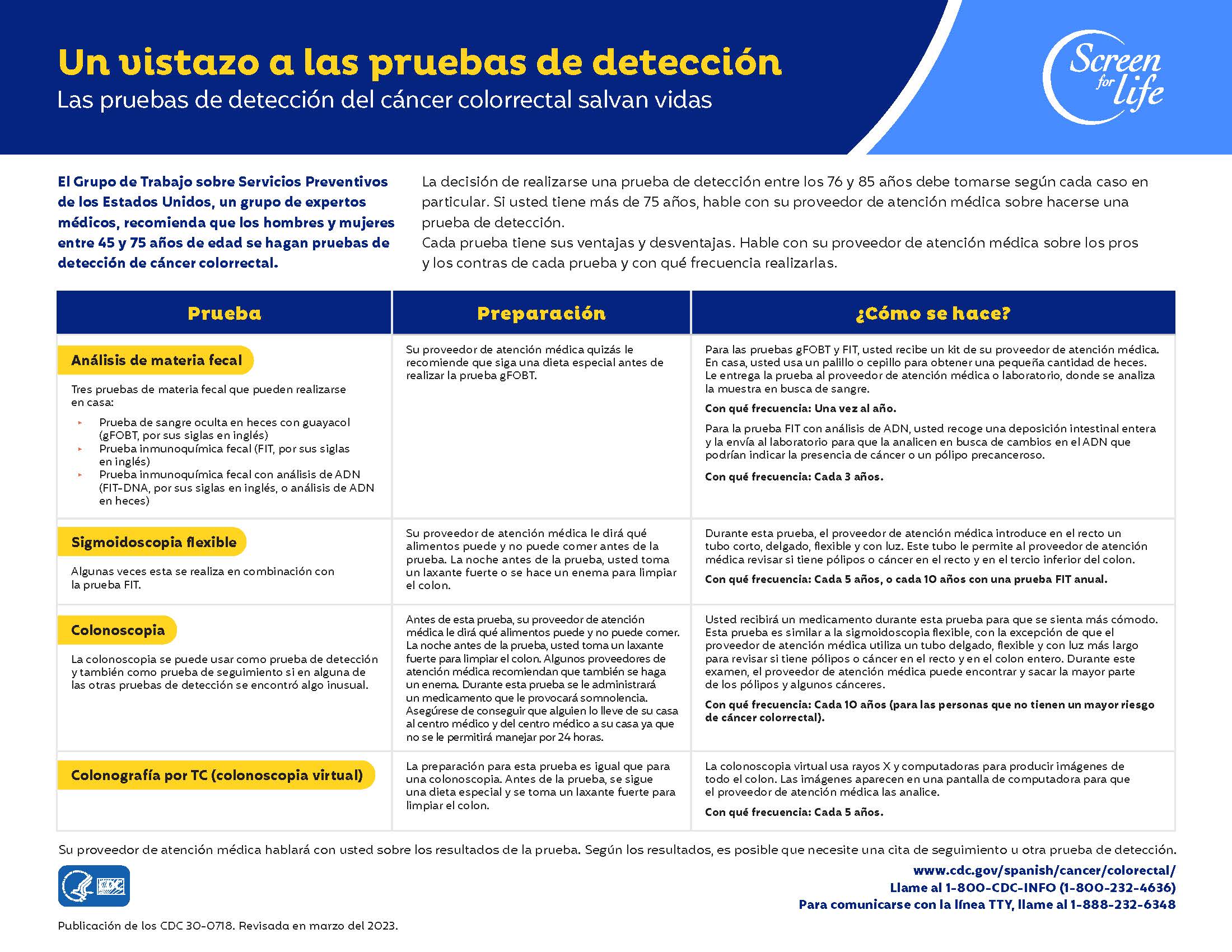 More Details about CDC Screen for Life: Colorectal Cancer Screening Tests at a Glance Print_ Spanish