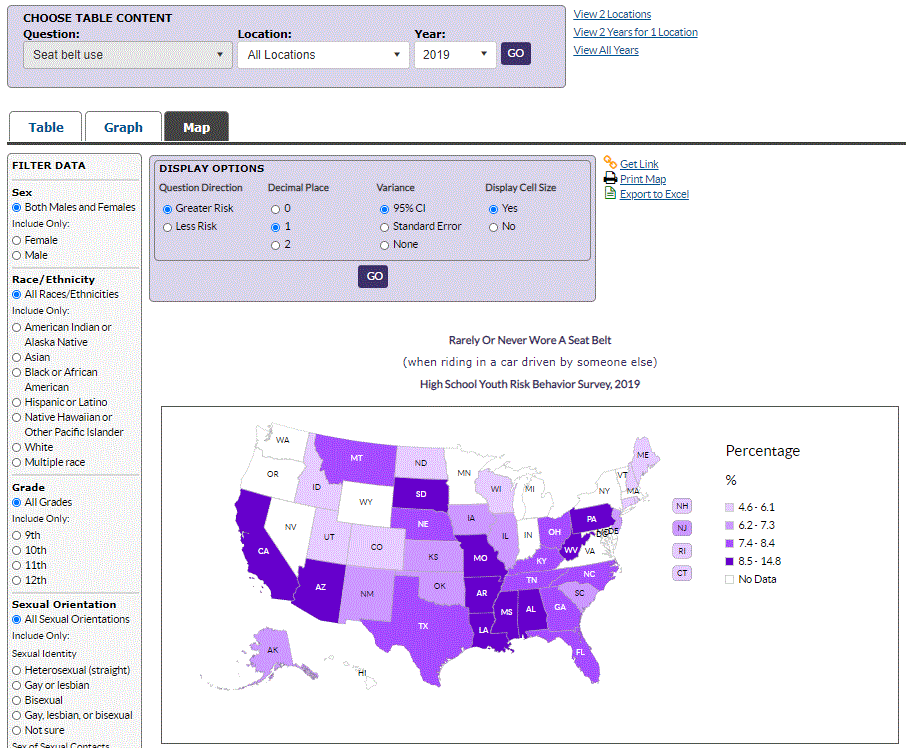 Screenshot of map for all locations, one year, one question.