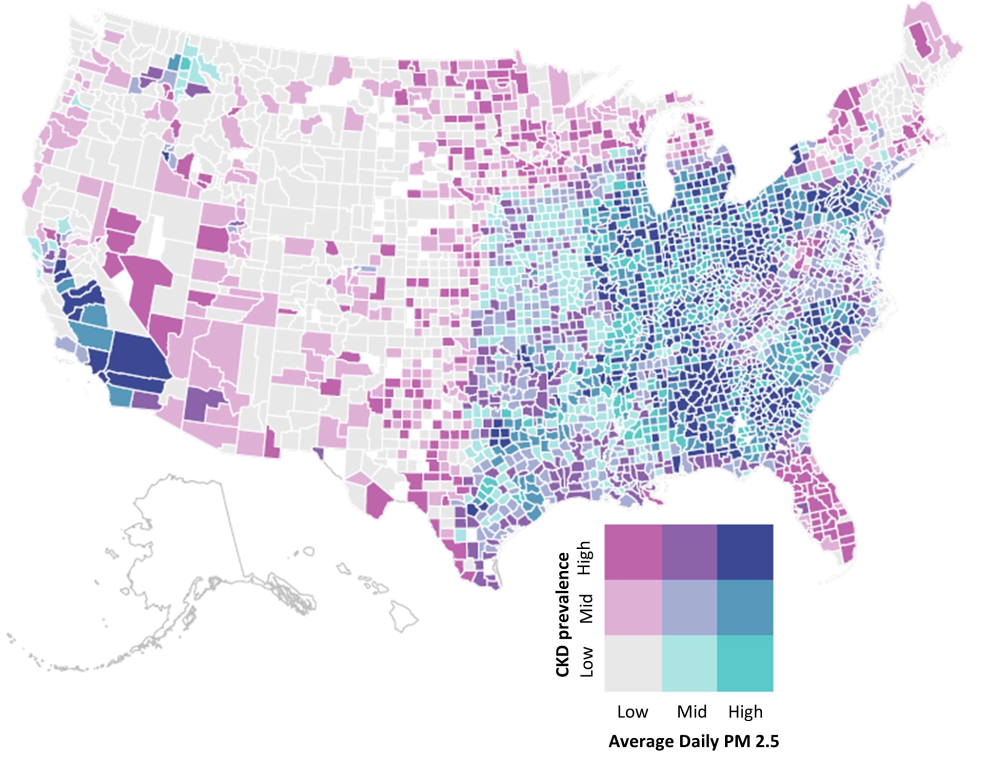 Average daily PM2.5, by county (2014)