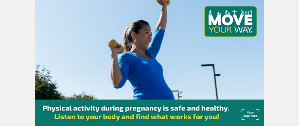 Social media ad portrays a pregnant woman exercising outdoors.